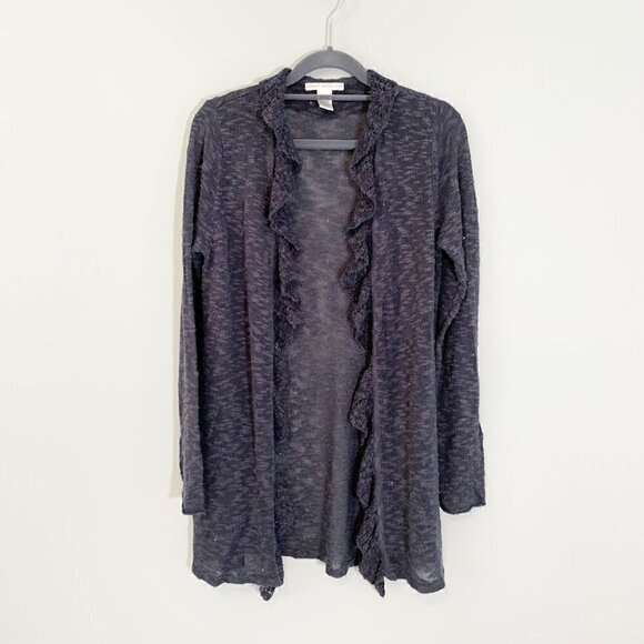 Sarah Spencer tunic length long sleeve open front ruffle cardigan sweater - Picture 1 of 7